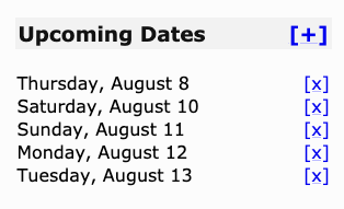 The upcoming dates list showing August 8th, 10th, 11th, 12th, and 13th